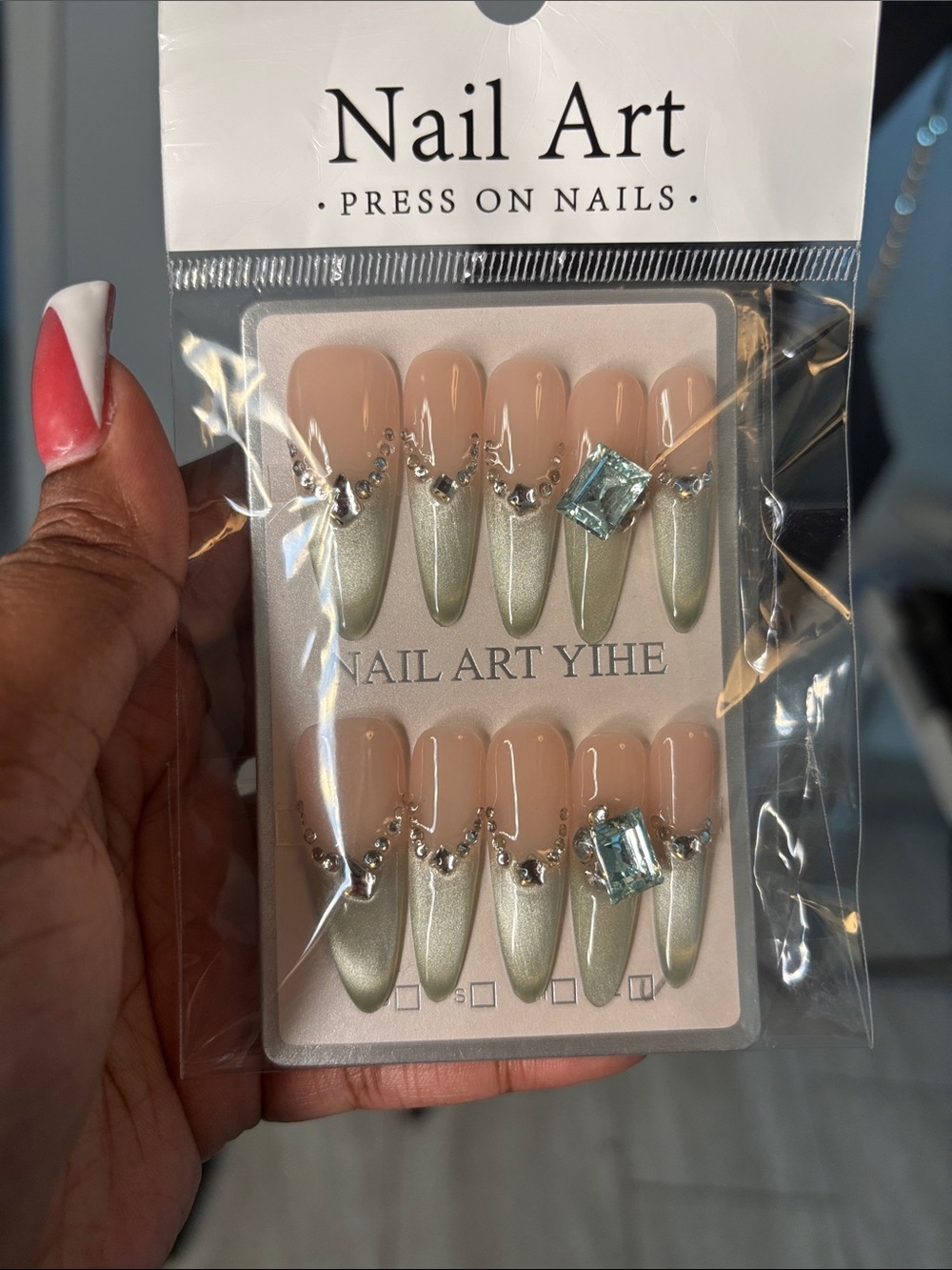 Press-On Nails in Nude and Sage with Rhinestones